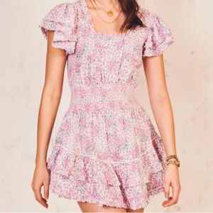 LoveShackFancy Fellows cotton floral ruffle mini dress.